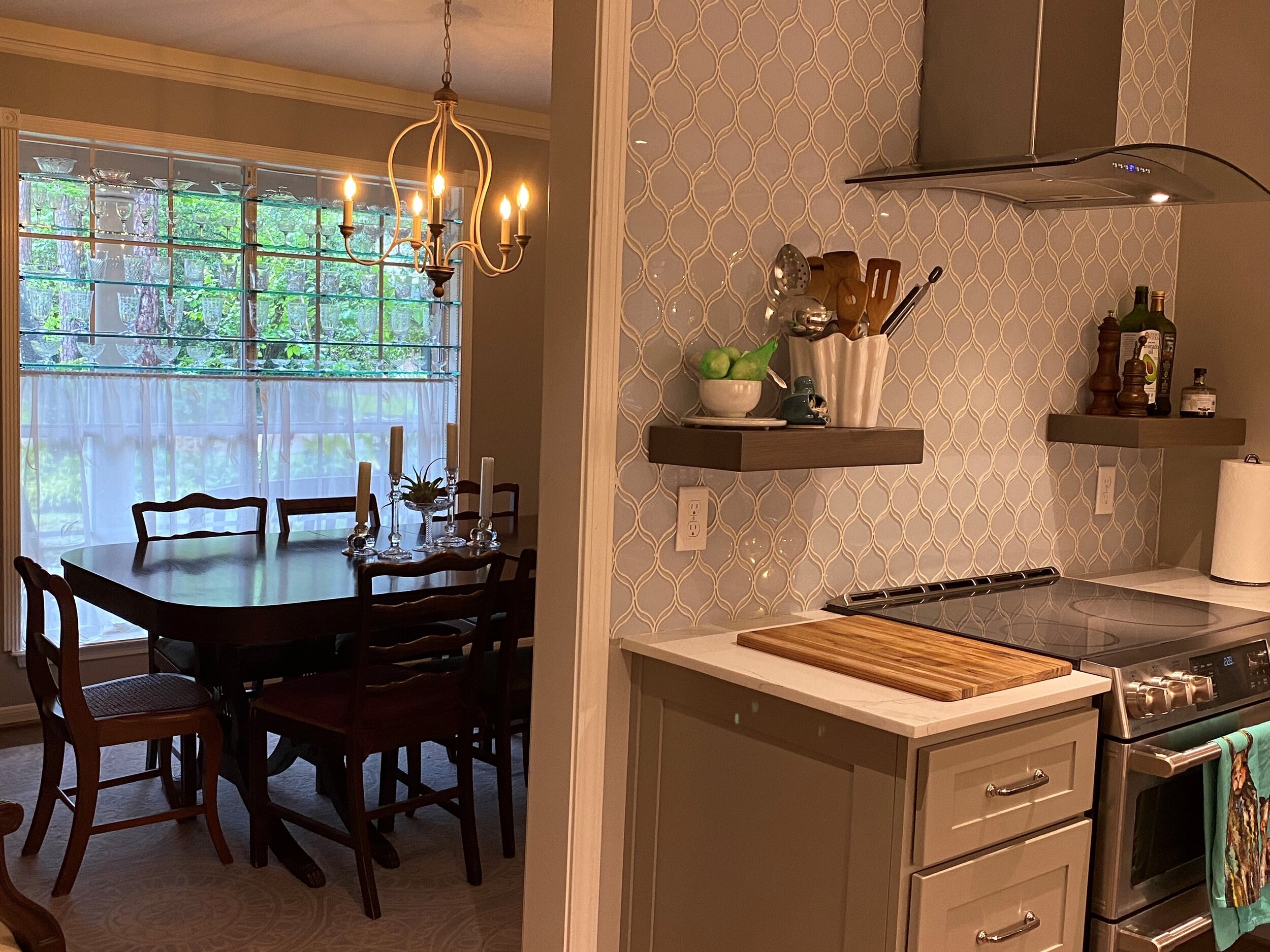 Home Renovation - The Woodlands, TX - Dinning Room &amp; Full kitchen remodel with quartz counter top, glass tile back splash, under cabinet lighting, light fixtures, floating shelving, flooring, appliances, and paint.