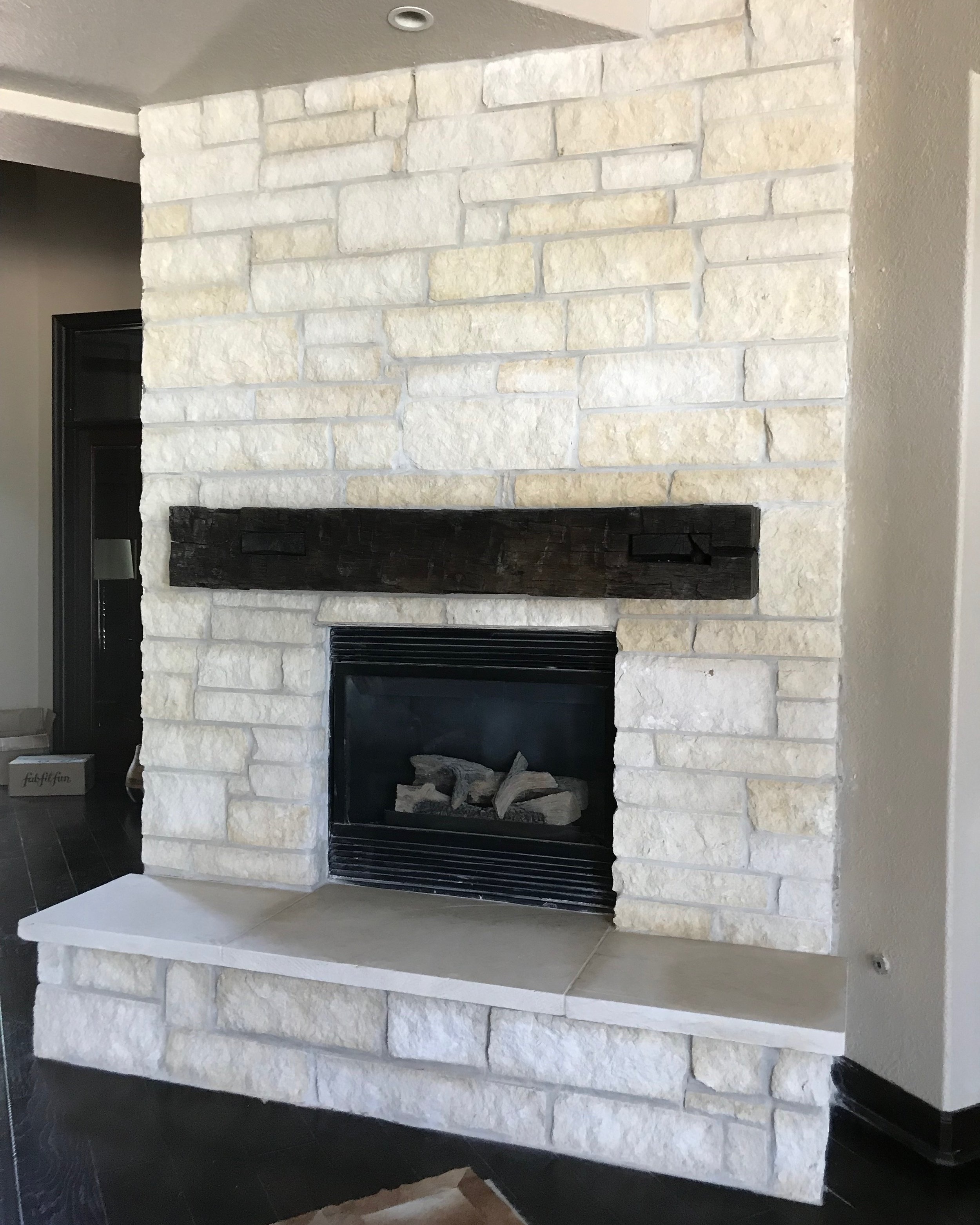 Stone Fireplace, Hearth, &amp; Wood Mantle is Spring, TX - 4” stone (Austin Stone) with new wood mantle and fireplace hearth (Austin Stone) in Glenloch Farms