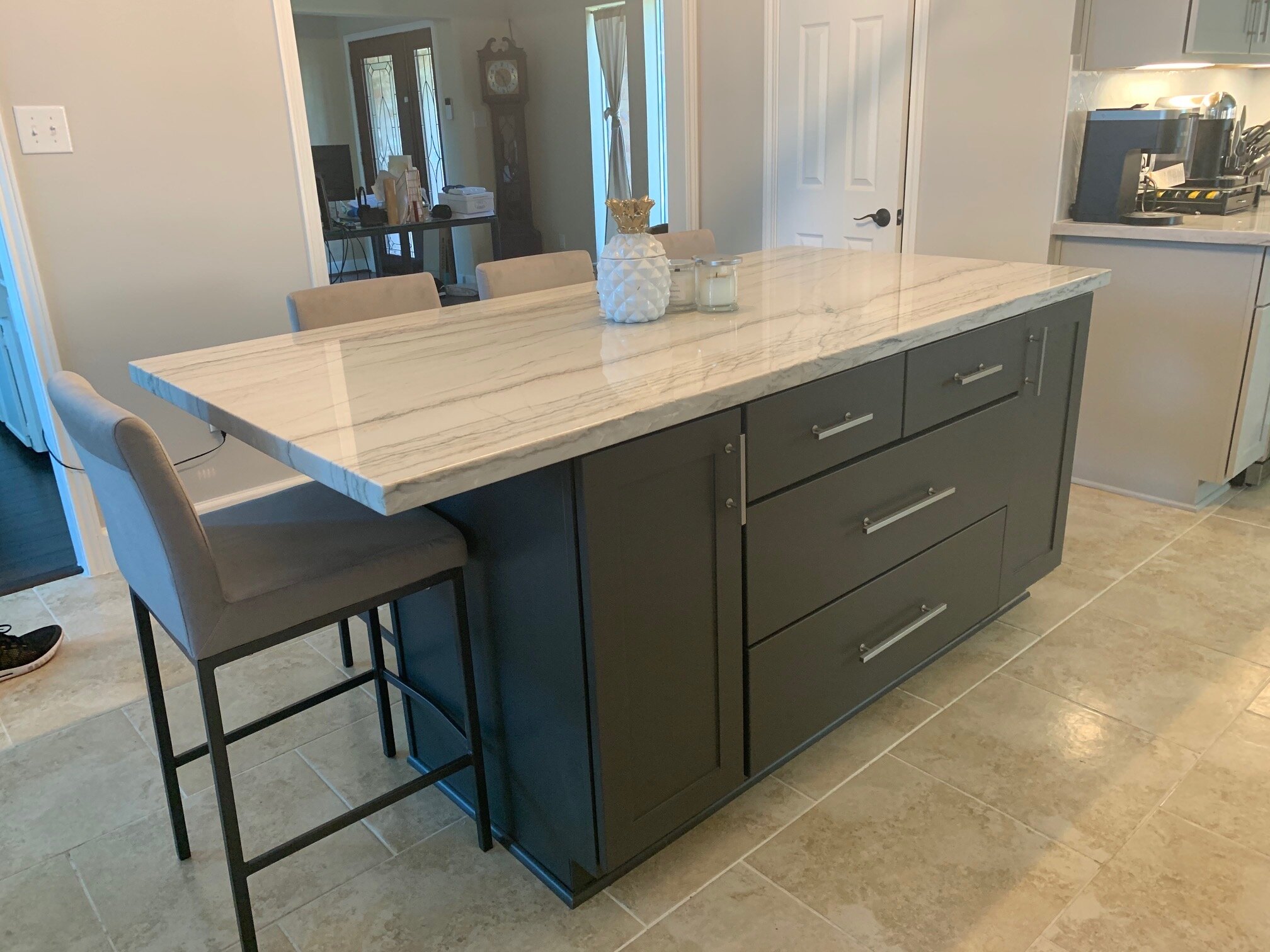 Kitchen Home Renovation in Champions Forrest - Kitchen face lift with new island &amp; kitchen cabinetry extended to the ceiling with quartz countertop, back splash, and paint